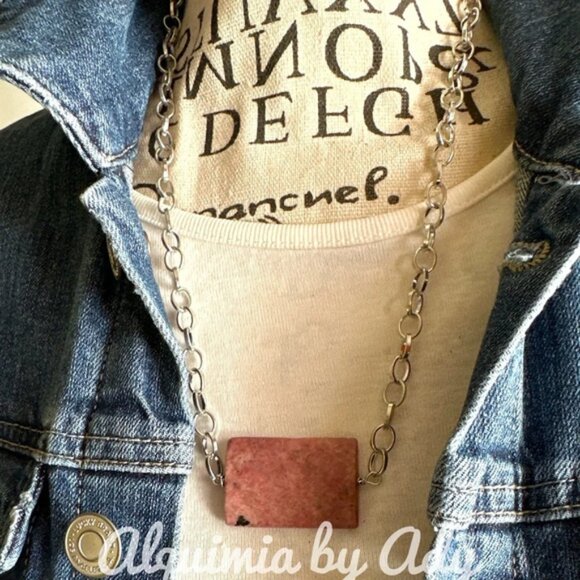 Maximalist silver and huge rhodonite square pendant chain short necklace - Picture 1 of 2